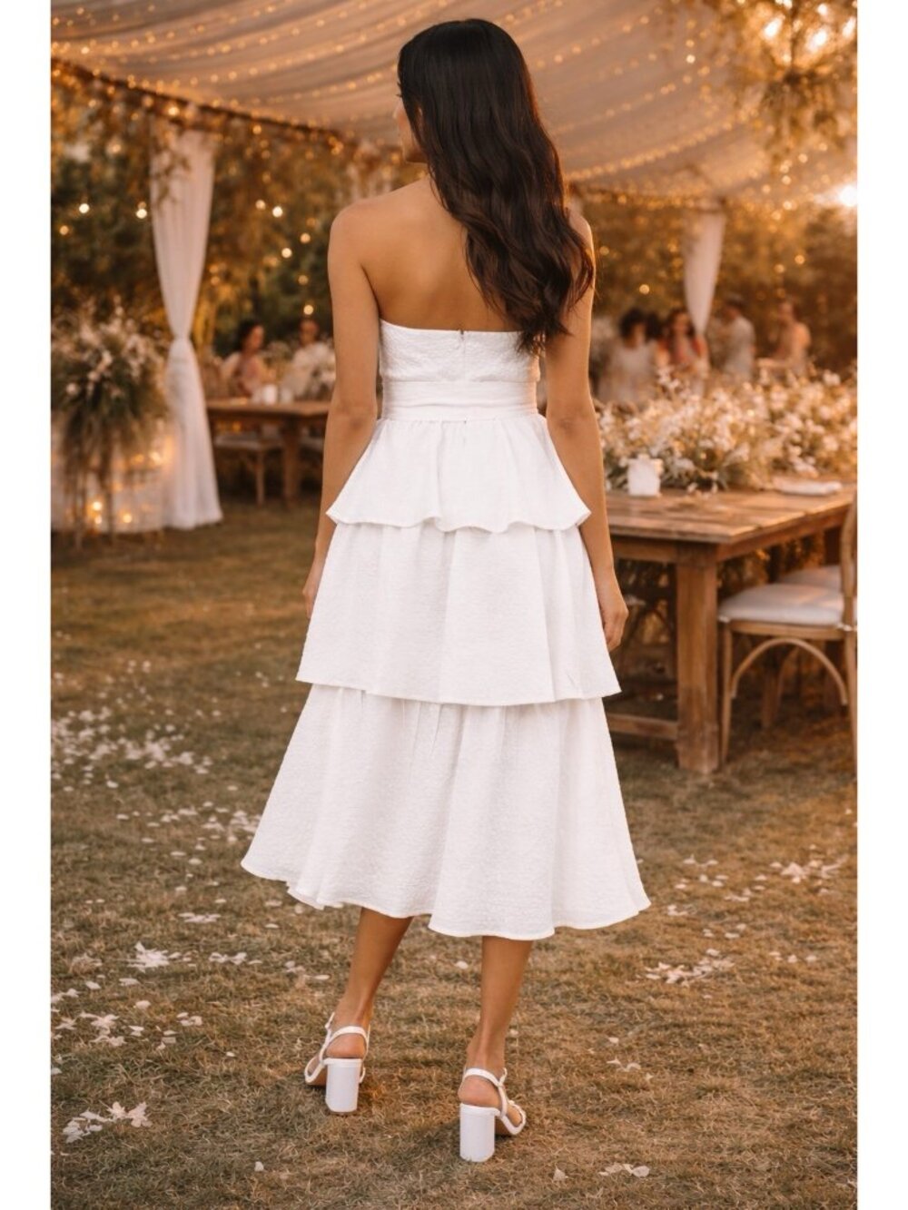 Lulus Truly Marvelous Midi Dress Sz Small White Jacquard Strapless Tiered Belted - Picture 3 of 7